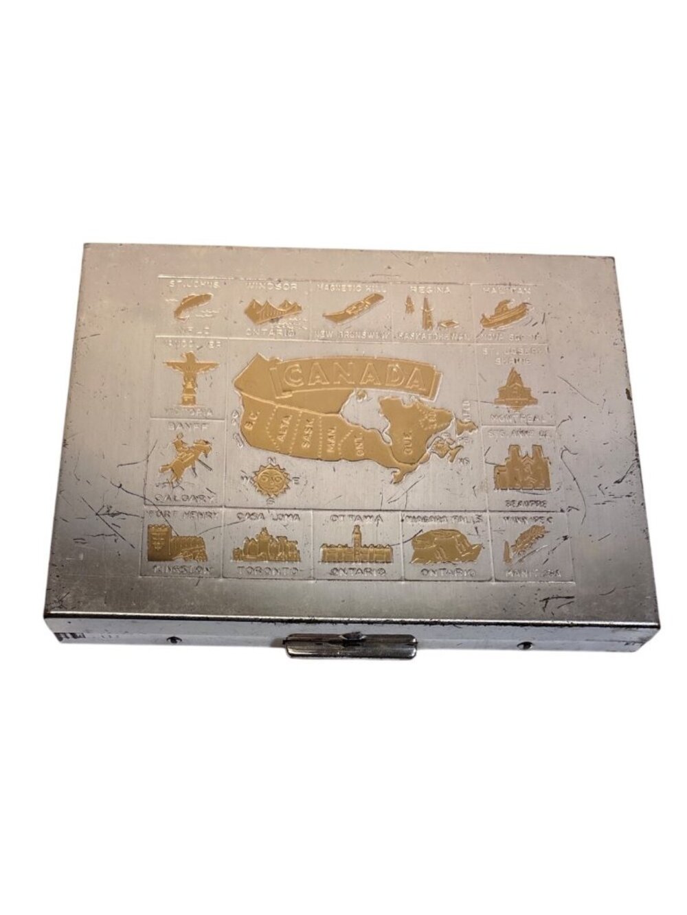 Metal Cigarette CaseVintage Canada Souvenir Map Landmarks 4 x 3"